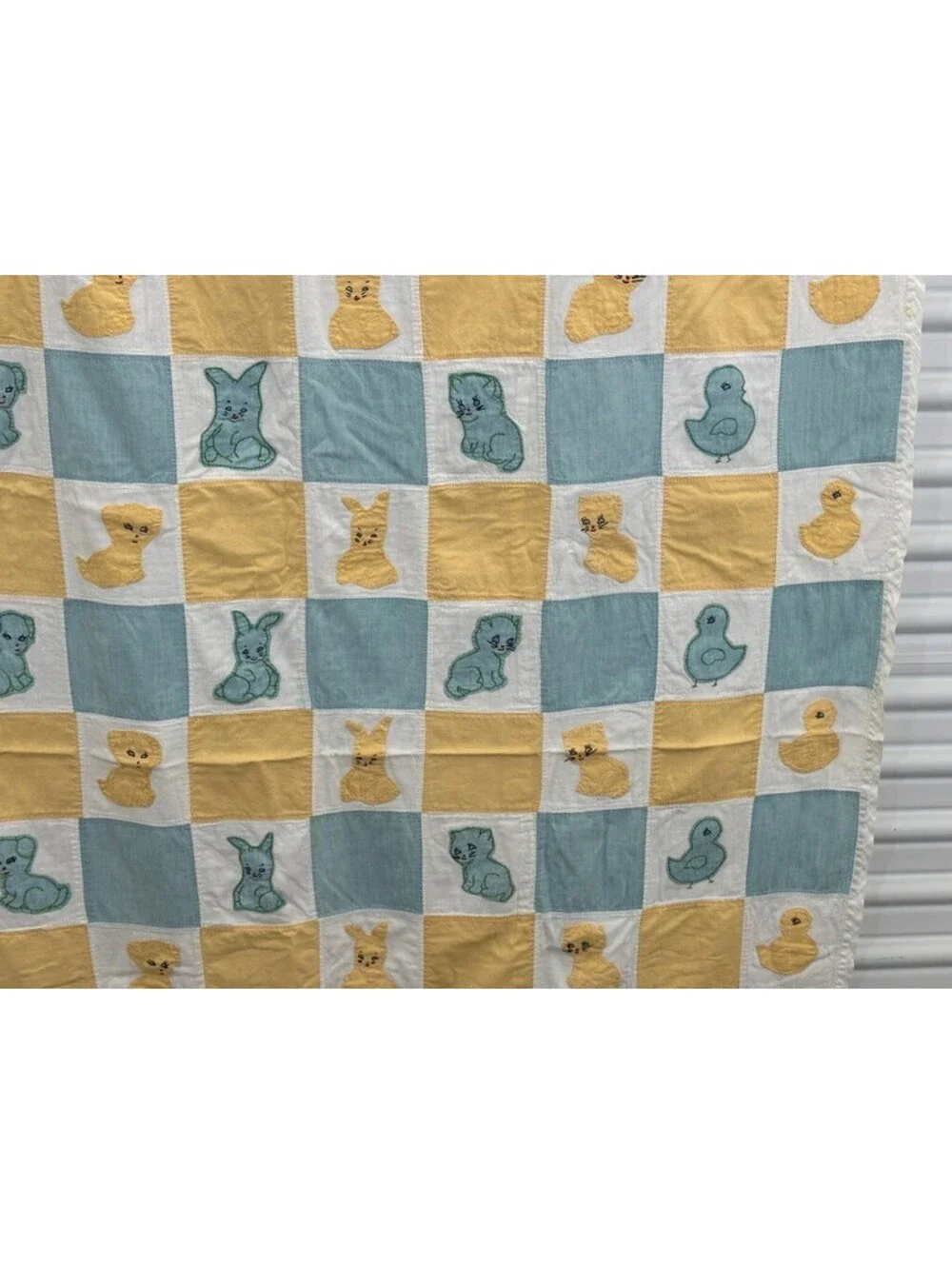 Vintage Nursery Quilt Checkerboard Animal Appliques Pastel Palette Aqua Blue Lar